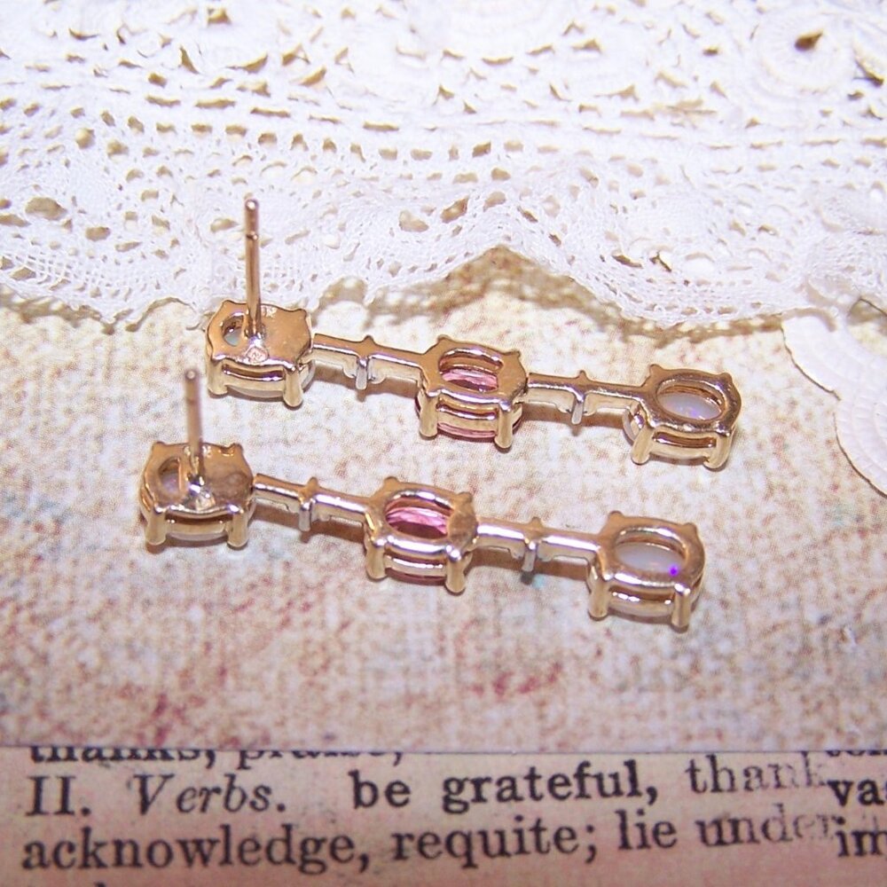 14K Gold Opal Diamond and Pink Tourmaline Dangle Drop Earrings - Posts with Nuts - Picture 10 of 11